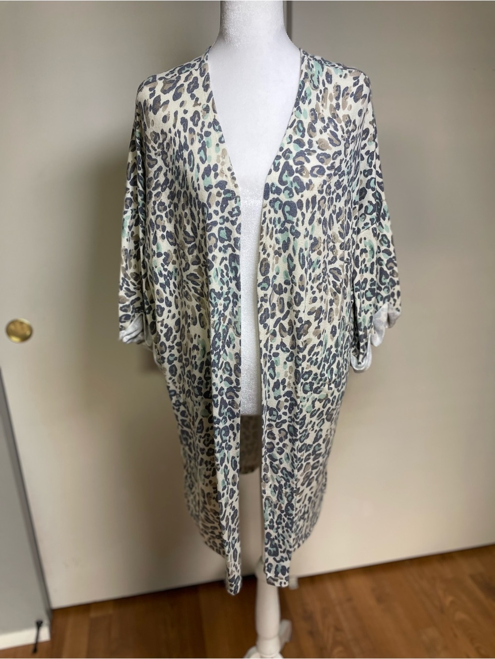 white birch Leopard Print Open-Front Kimono in Cream and Mint